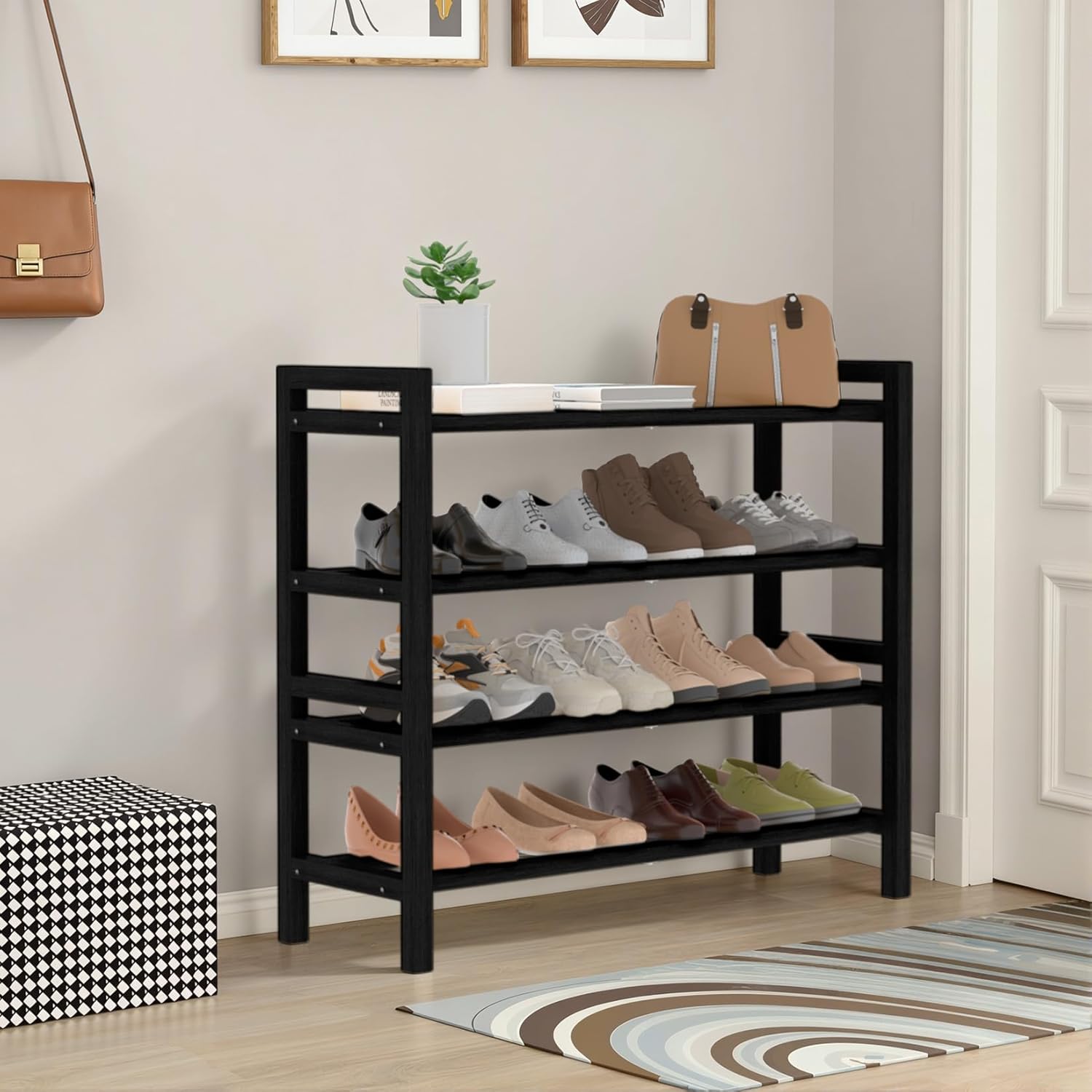 Haddockway Bamboo Shoe Rack for Closet, Free Standing Shoe Organizer with Smooth Round Rods & Convenient Handles, Stackable Shoe Storage Shelf for Entryway, Hallway(Black, 4-Tier)