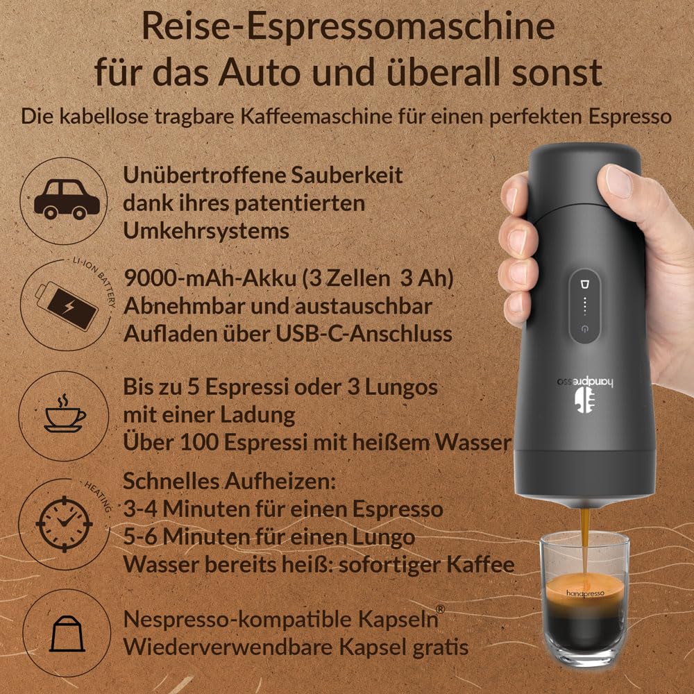 Handpresso Auto Set | Premium Reisekaffeemaschine mit Akku – USB-C | für Auto, Van und Camping | tragbare Kaffeemaschine für unterwegs | für Espressokapseln & nachfüllbare Kapseln | Espresso & Lungo