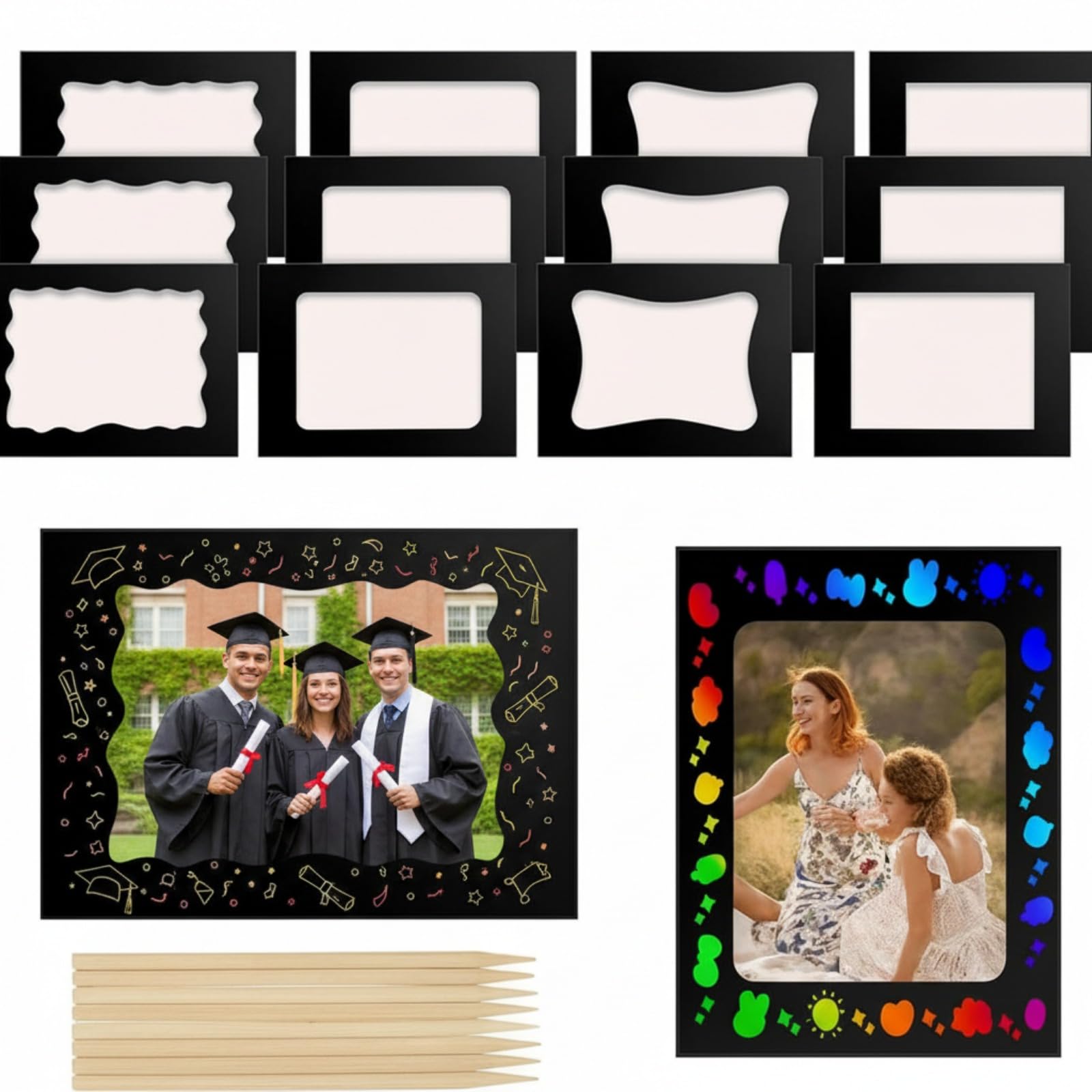 Motipuns 24 Pcs Scratch Frame Art Kits 4 x 6 Rainbow DIY Scratch Paper Photo Picture Frame with Wooden Stylus for Classroom Graduation Activities Birthday Party Favor Decor(Black,Multiple Shapes)-image-43