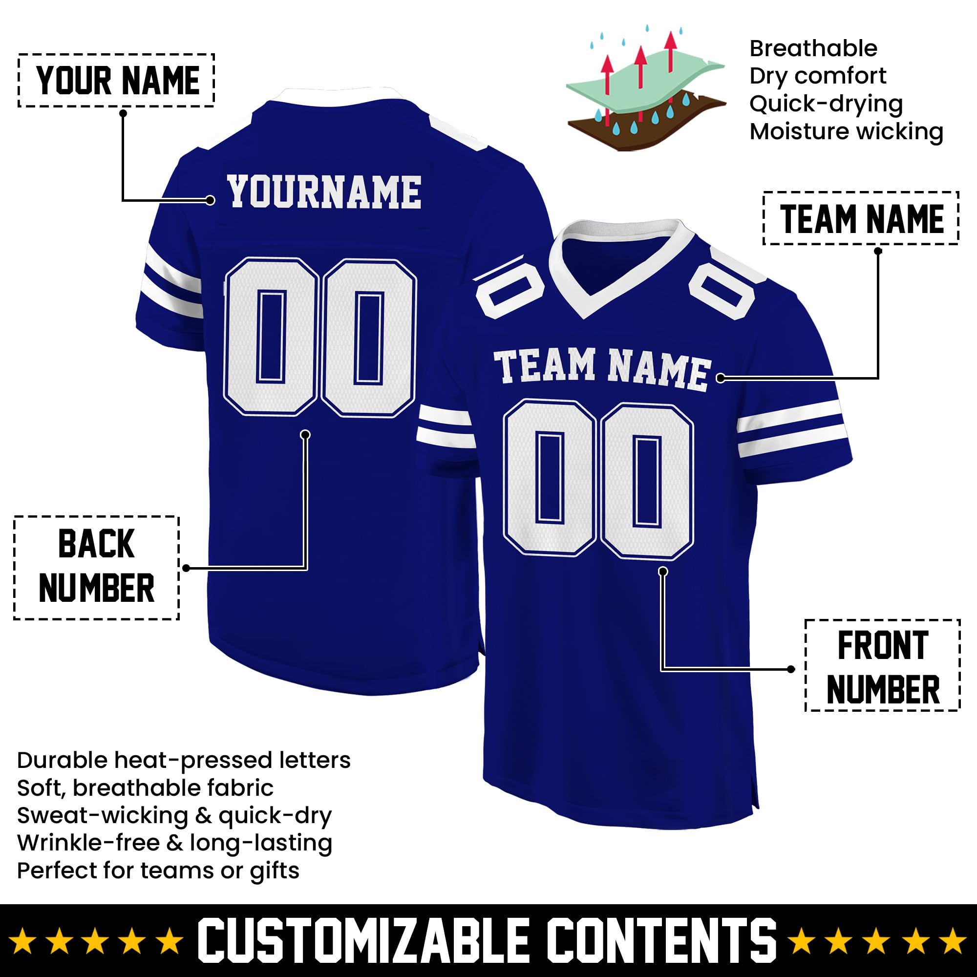 Custom Football Jersey - Personalized Name, Number & Logo, Customized Blue Sport Jerseys for Men, Women, Youth, Toddlers
