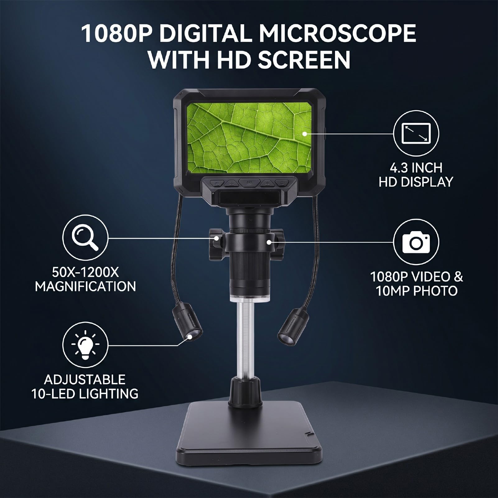Annadue Digitalmikroskop, 1080P Video 10 MP Bild 50X Bis 1200X Digitalmikroskop mit 4,3-Zoll-Bildschirm, Lichter für Erwachsene Studenten Jungen Mädchen
