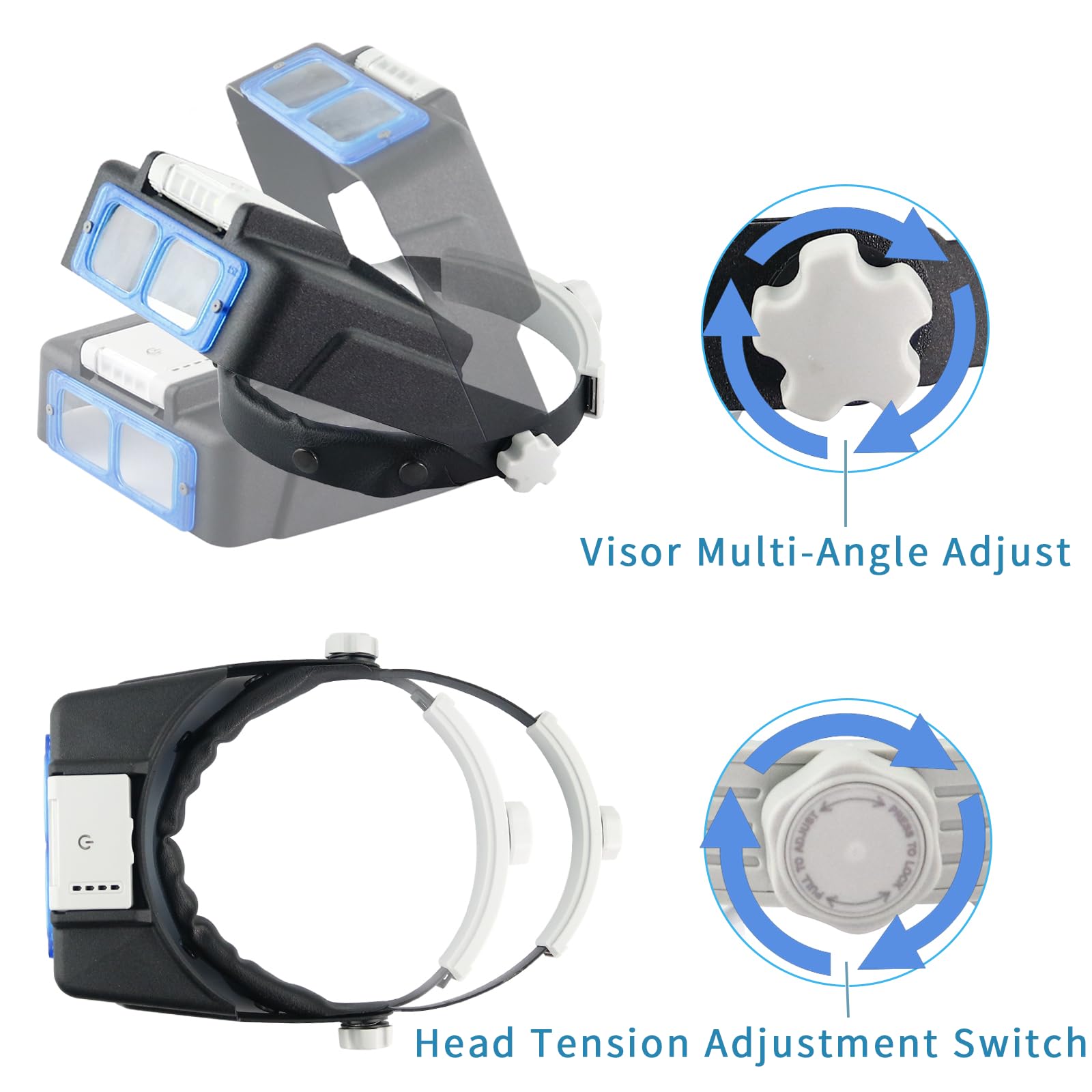 Kopfbandlupe mit Licht, wiederaufladbare Lupe für enge Arbeiten, 1,5-fache - 3,5-fache Vergrößerung, Headset mit 4 Linsen, Juwelierlupe, Optivisor, Lupe Visier zum Lesen, Basteln, Hobby