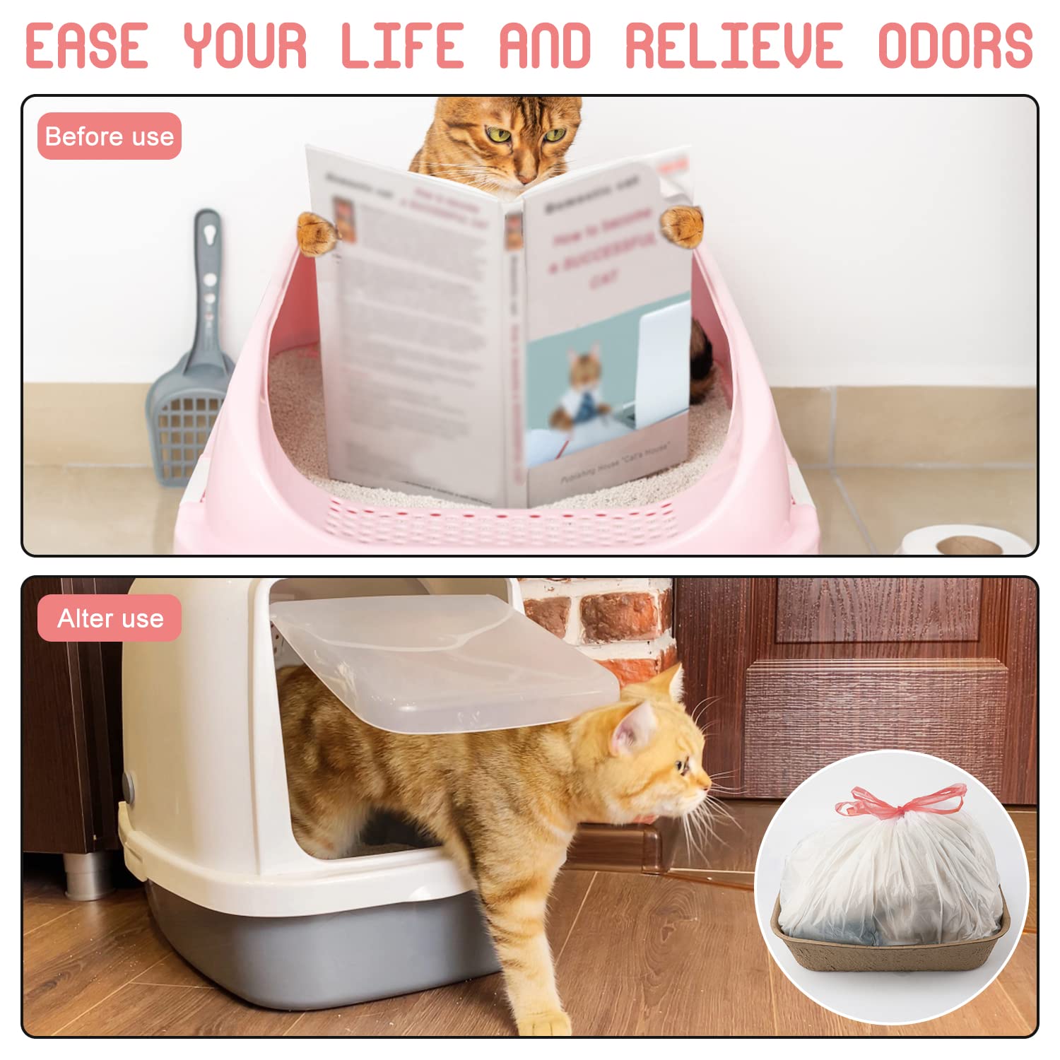 AIEX 60pcs Doublures Sac à Litière pour Chat, Grandes Doublures de Litière Jetables pour Chat avec Cordon de Serrage pour Fournitures de Déchets pour Chat (91 x 45 cm)