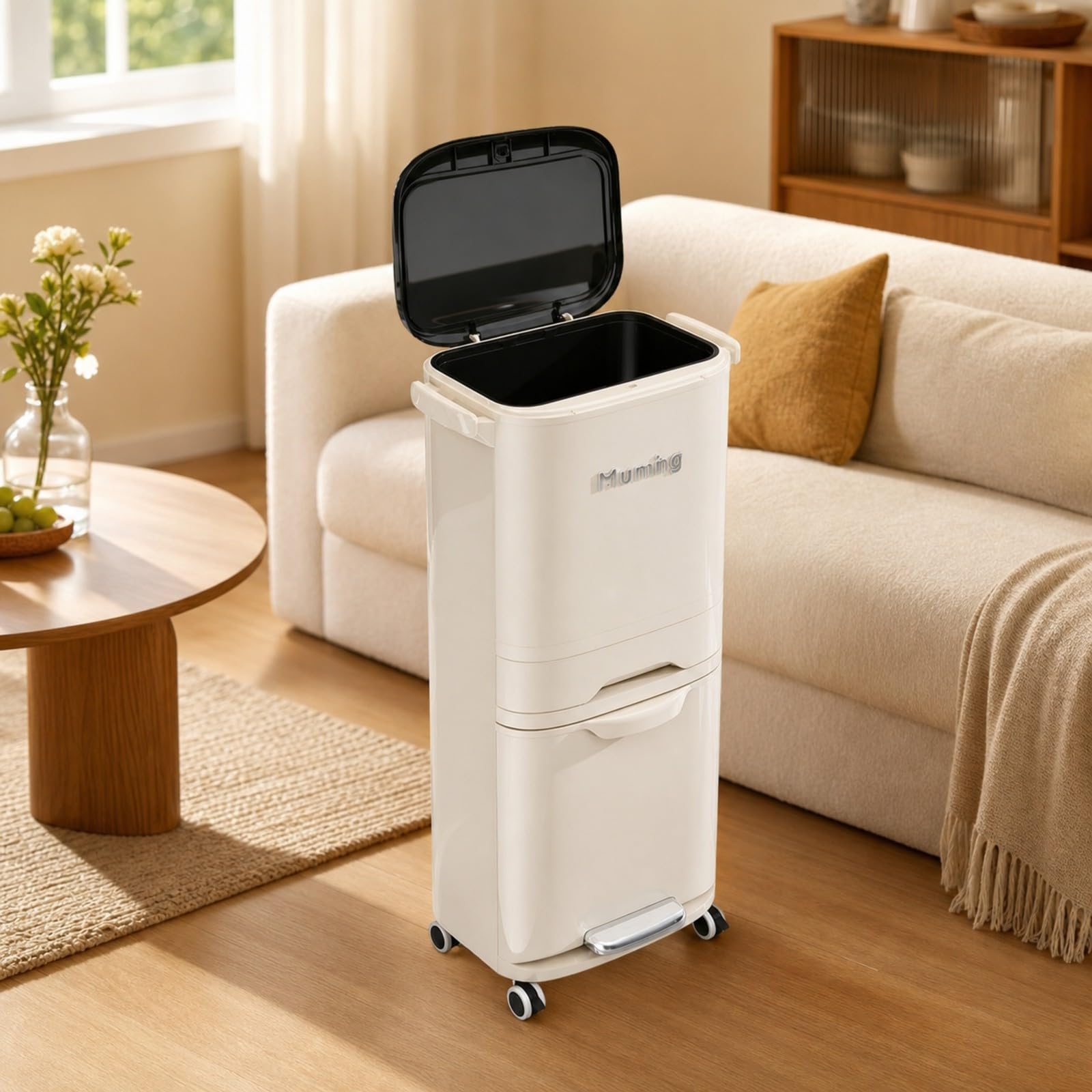 Pattumiera con Maniglie Facile da Pulire Bidone Spazzatura con Secchio Interno, Resistente, per, Bianco