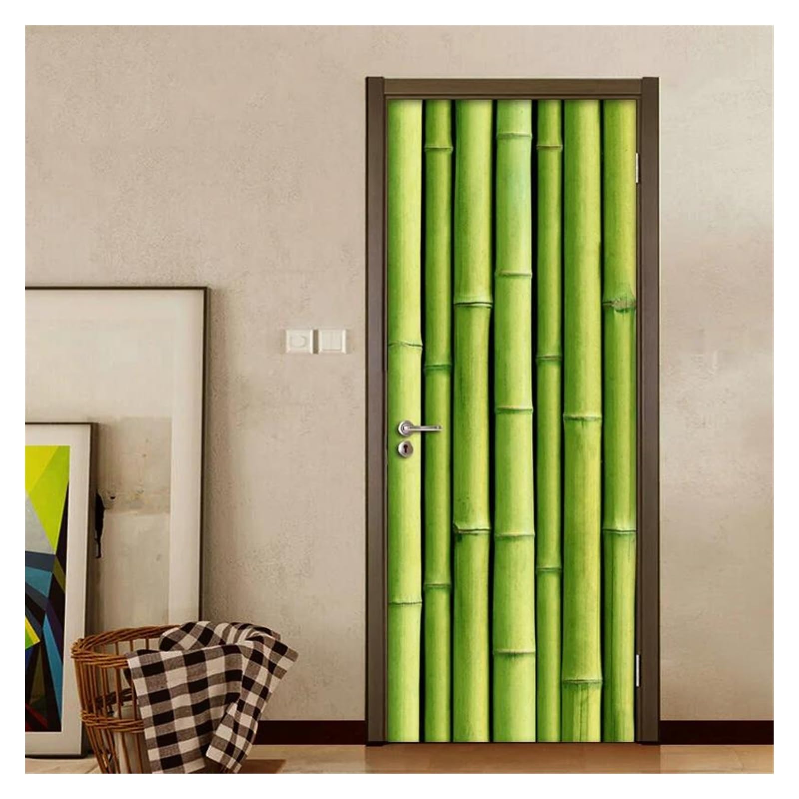 Sticker de porte bambou vert trompe l'oeil 3D autocollant