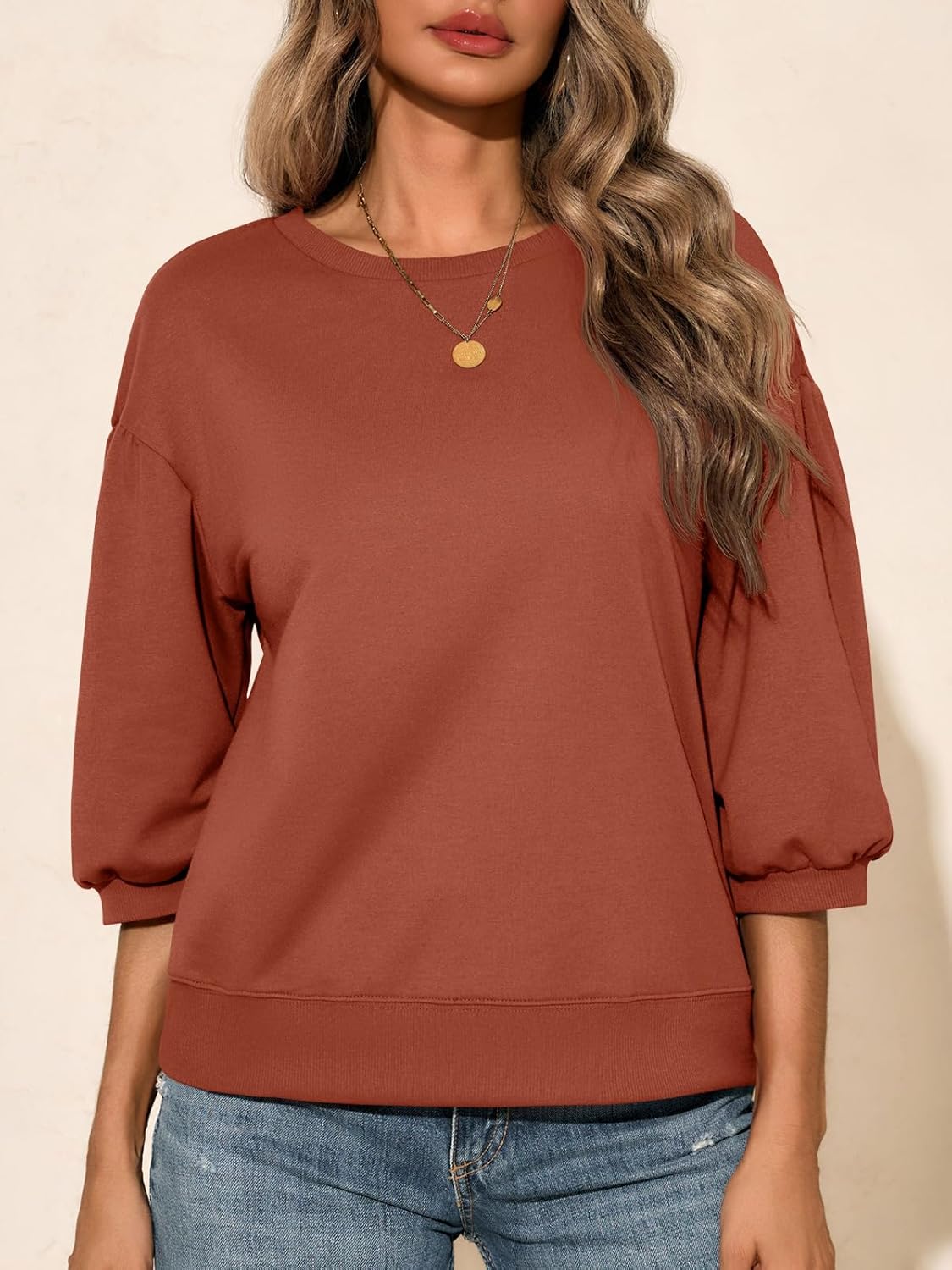 Fisoew Womens Crewneck Sweatshirts Casual Puff Sleeve Loose Fit Shirts Fall Tops Brown - Image 2