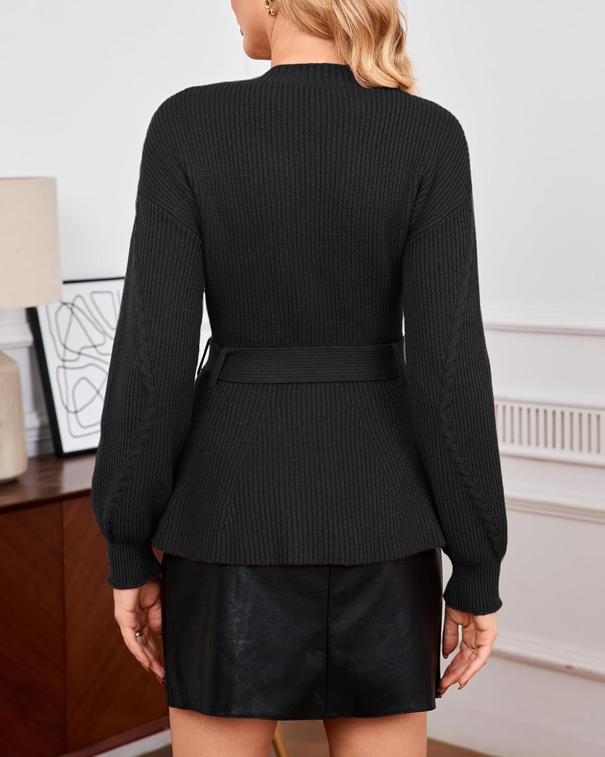 Women's Belted Cable Knit Cardigan Long Sleeve V-Neck Button Down Peplum Sweater - Image 4