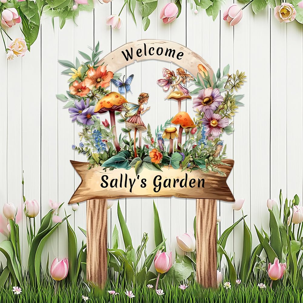 Cute Fairy Garden Signs Personalized with Stake,Custom Flowers Metal Sign Welcome Plaque for Outside,Customized Butterfly Gardening Housewarming Gift for Gardener,Mushroom Decor for Lawn Yard Outdoor