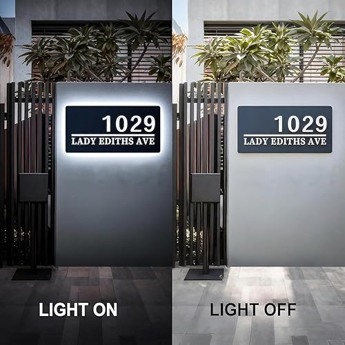 Miniatura 3 de Letrero de dirección solar personalizado para exterior, letrero de número de casa con retroiluminación LED, placa de dirección de metal impermeable