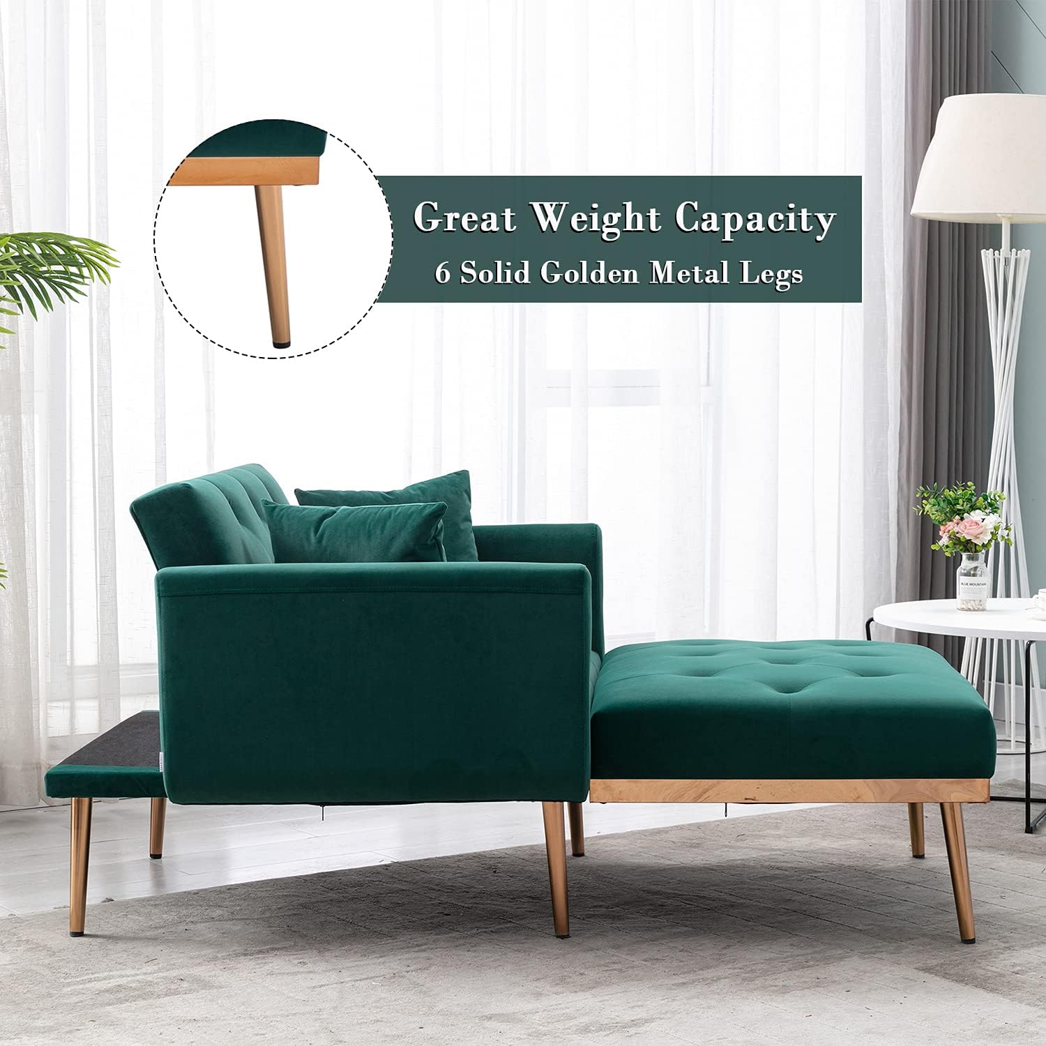 Velvet 2 in 1 Chaise Lounge Chair Indoor, Modern Single Sofa Bed with Two Pillows, Recliner Chair with 3 Adjustable Angles, Convertible Sleeper Chair for Living Room and Bedroom (Green) : Home & Kitchen