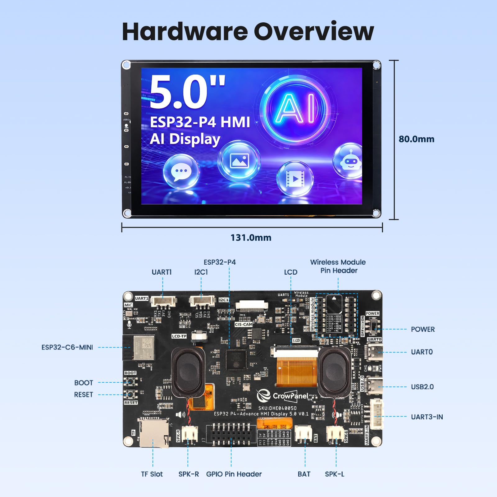 ELECROW ESP32 Display 800x480, 5 pollici HMI ESP32 IPS Touch Screen, Supporto AI Interazione Speech, Processore Dual-Core ESP32-P4, fino a 400MHz, Compatibile con Arduino, ESP-IDF, LVGL (senza