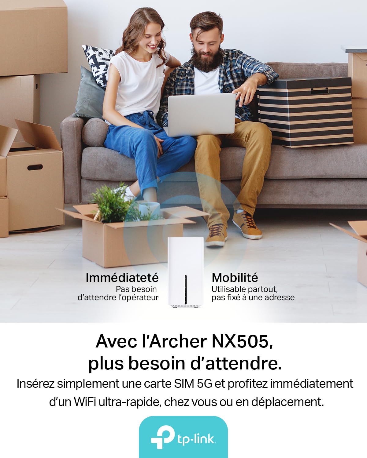 TP-Link Routeur 5G Archer NX505 Wi-FI 6 AX3000Mbps Bi Bande, Jusqu’à 4,67 GB/s, 1 Port WAN/LAN, Jusqu’à 64 Appareils, EasyMesh, libertez-Vous de la Box opérateur avec Tous Les NanoSIM