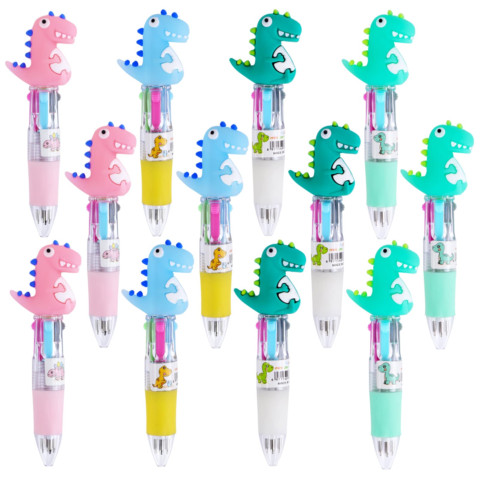 12 PCS Dinosaur Ballpoint Pens, 4-in-1 Retractable gel pens, Cute Mini Cartoon Pens For kids Women Adults Teens, Multicolor Pens for Office School Home Supplies, Fun Pens for Birthday Gifts (Dinosaur)
