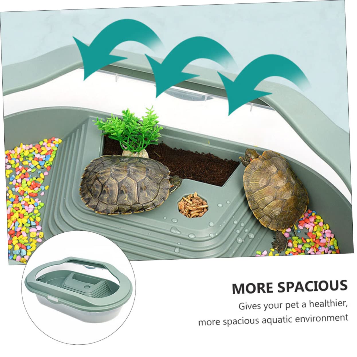 Terrario per Tartarughe in Plastico Verde, con 5 Aree, Piattaforma per Sole e Zona Nuoto, Habitat per Rettili in Casa | Cinque Aree Funzionali, Zona Nuoto e Alimentazione, Struttura con Area Rampicante Antiscivolo