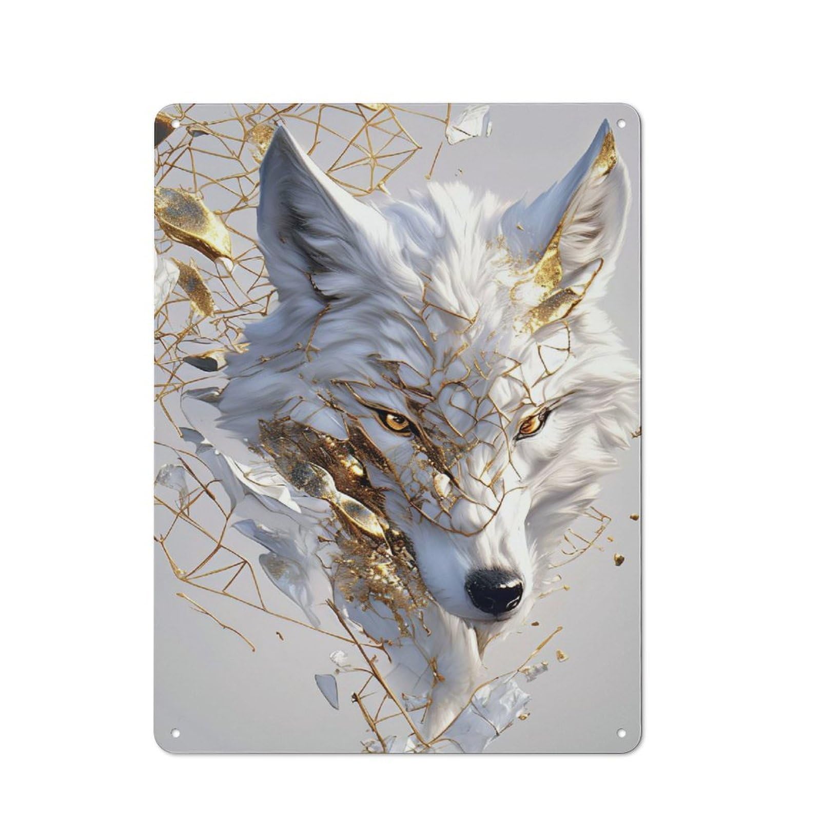 Junmoney Style-7 For Hobby Room Or Studio, White And Gold Wolf Portrait Rustic Tin Wall Plaque 40X30cm, For Vintage Wall Decor Fans, For Metal Sign Collectors