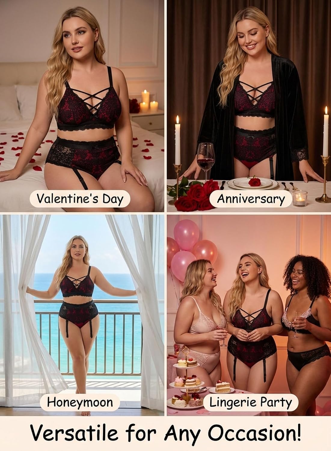 EVELUST Plus Size Lingerie for Women - Sexy Luxe Criss-cross Bra Lace Cup Classic Underwear High Waisted Suspender Set