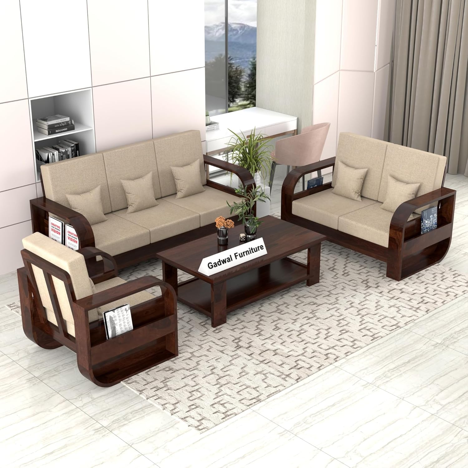 Wooden Sofa Set 6 Seater for Living Room – Solid Sheesham Wood Sofa 6 Seater (3+2+1) with Side Pocket Storage | 6 Seater Sofa Wooden (Walnut, Brook 6 Seater)-image-17
