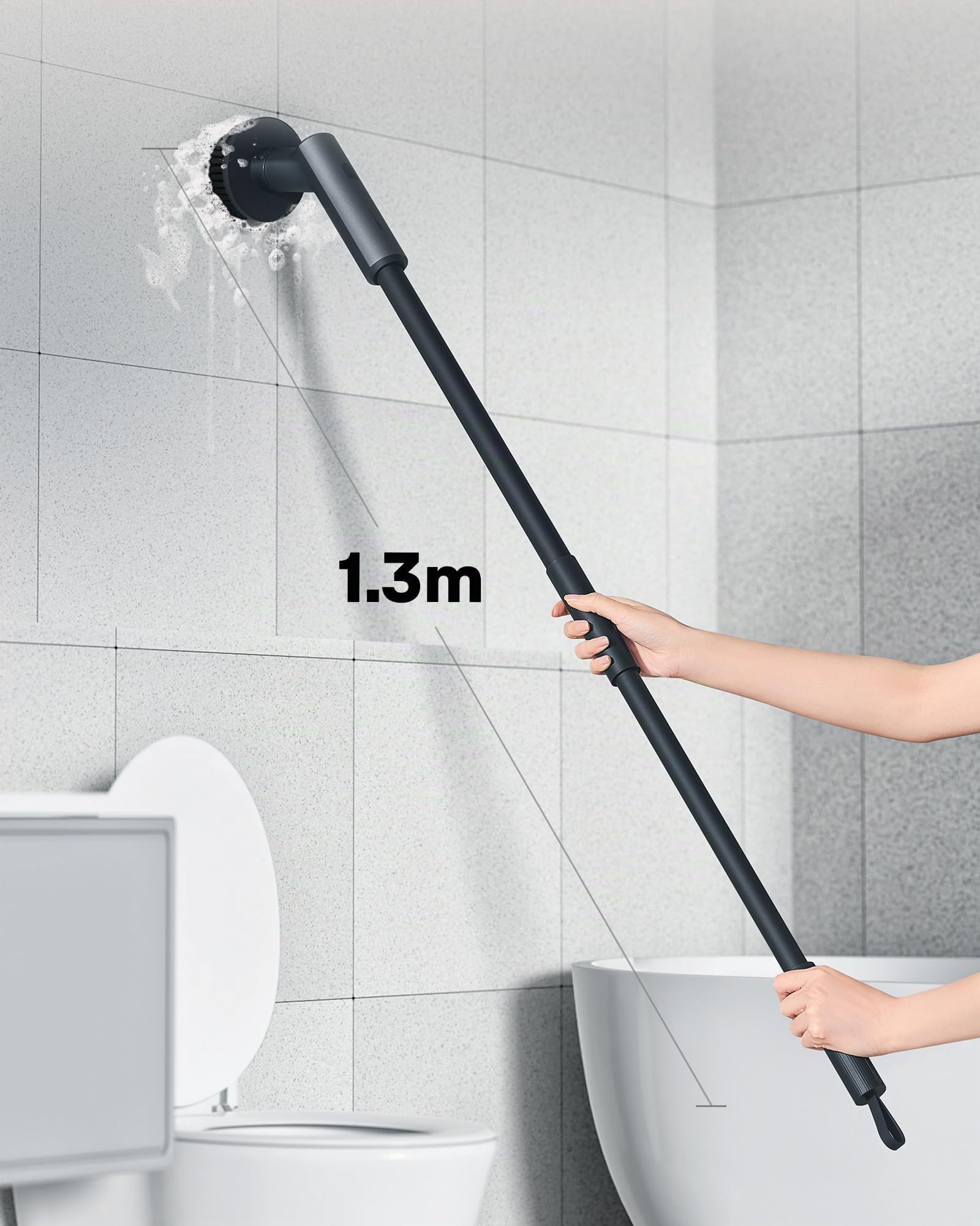 HOTO Cepillo Electrico Limpieza Hogar, Cepillo Limpieza Electrico con 6 Cepillos Reemplazables, 2 Velocidades, Mango Ajustable 90-120CM, IPX7 Resistente al Agua, para Baño, Cocina, Coche, Tina