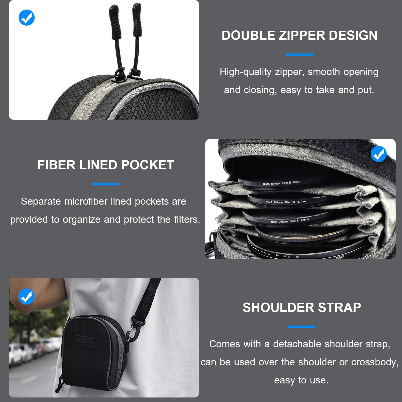 Yunseity Custodia per Filtro per Obiettivo a 8 Tasche con Tracolla, per Fotocamera in Nylon Antipolvere per Filtri Rotondi Fino a 95 Mm