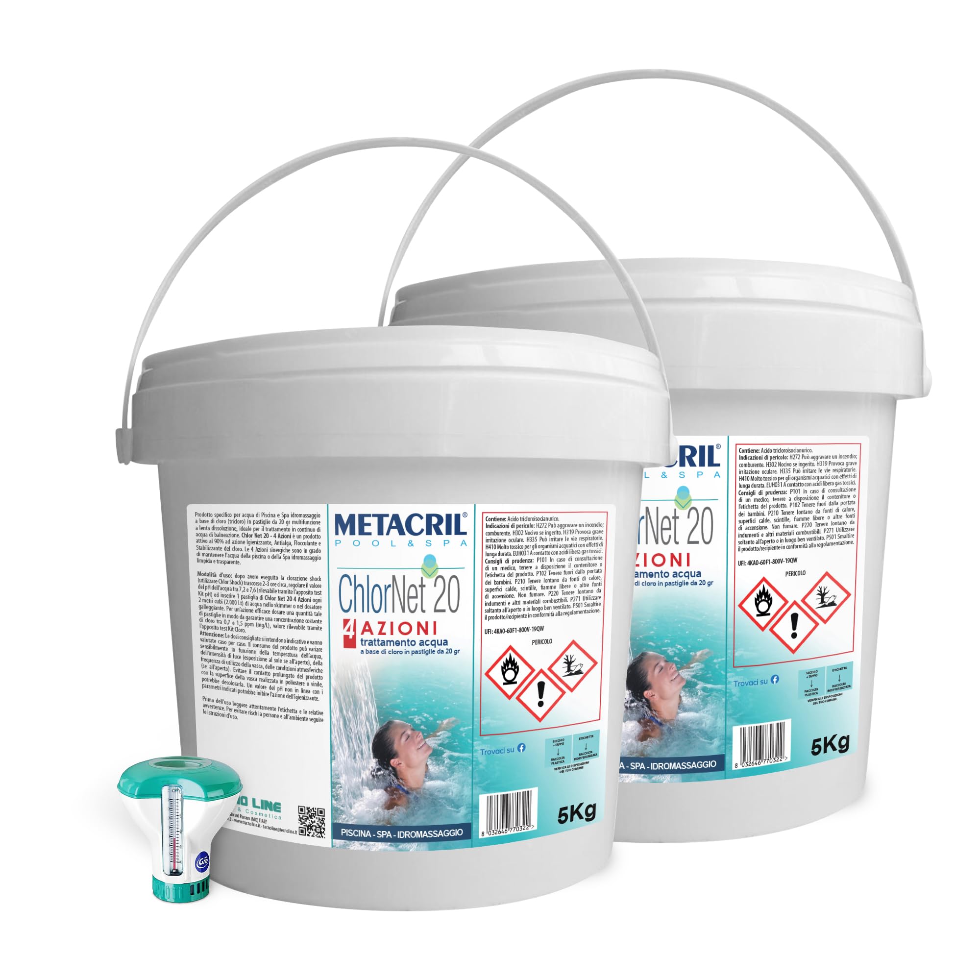 Metacril Chlor Net 20 4 acciones 10 kg (5 + 5) + dosificador Flotante, en tabletas de 20 g para Piscinas y bañeras de hidromasaje | Cloro multifunción para el tratamiento del agua de piscina y spa hidromasaje con dosificador flotante