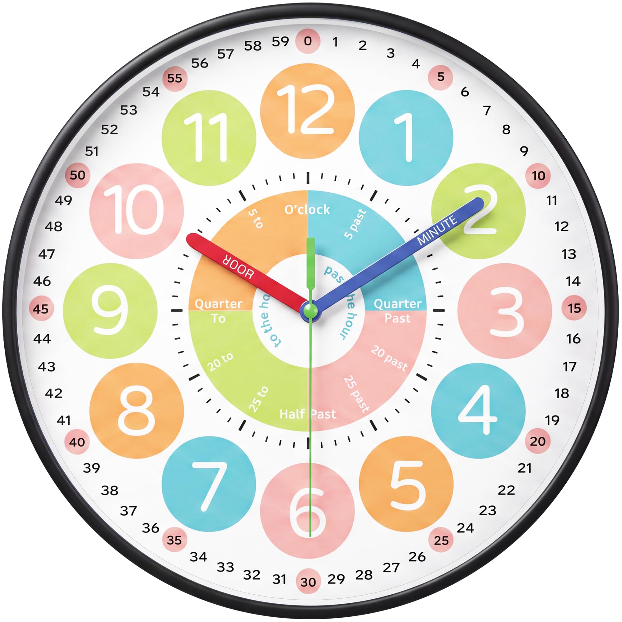 LENAUQ Educational Wall Clock, 12 Inch Silent Teaching Wall Clock