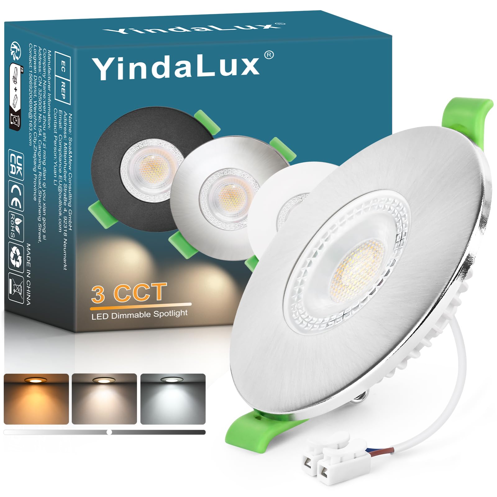 YindaLux Recessed LED Spotlight 230V Dimmable 7W 700LM – Nickel Ceiling Spot, 60-75mm Hole Size, IP65 Bathroom Recessed Lighting – Warm 2700K | Neutral 4000K | Cool 6000K (1-Piece Set)
