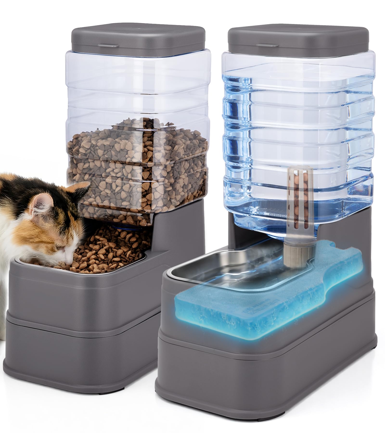 Paquete de 2 comederos automáticos para gatos y dispensador de agua de 1.3 galones, alimentador de alimentos por gravedad para perros y agua con bolsa de hielo, cuenco de acero inoxidable para