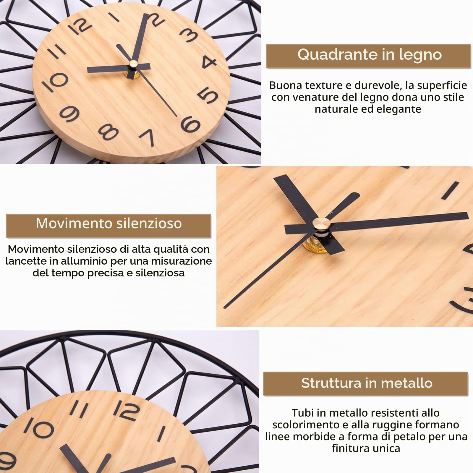 VIVILINEN Orologio da Parete Grande 40cm Orologio da Muro in Legno Silenzioso Design Moderno Forma del Petalo Decorazioni da Parete per Cucina, Camera da letto, Soggiorno