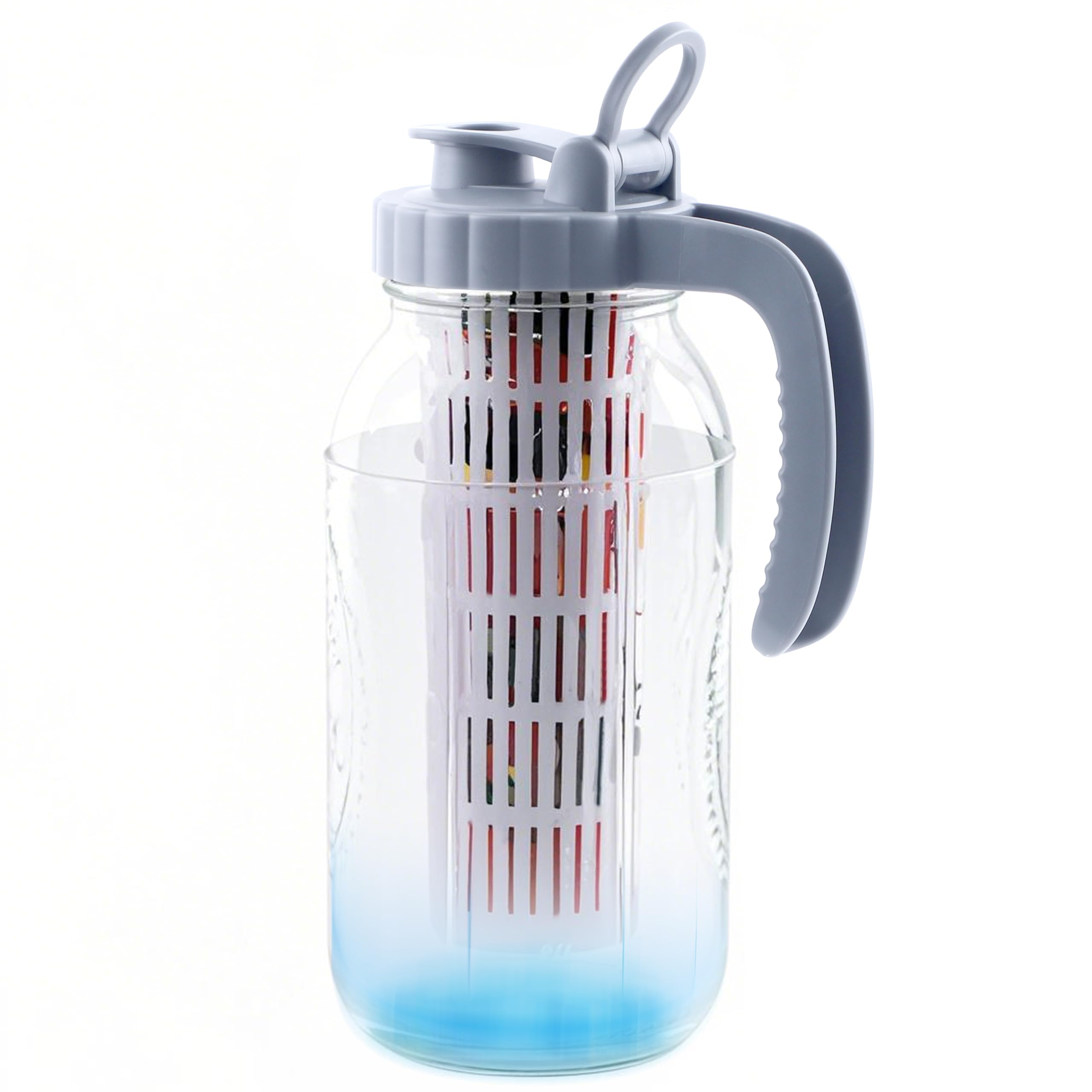 Mason Jar Pitcher With Fruit Infuser 2 Quart Water Pitcher With Pour Spout Lid 64 OZ Wide Mouth Glass Carafe Airtight For Milk, Fruit Infused Water,