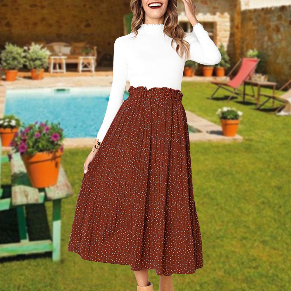 EXLURA Falda Larga Plisada de Lunares de Cintura Alta para Mujer, Falda Midi con Vuelo, Playa, Vacaciones, Crucero, con Bolsillos