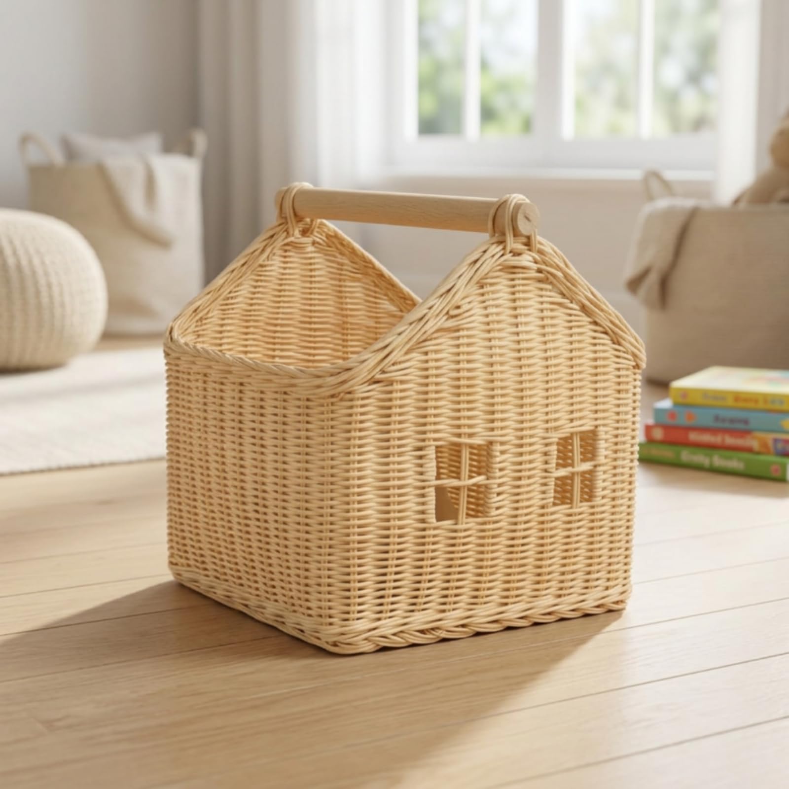 Cestino Portaoggetti Bambini Cesta Contenitore Organizzatore Cassetta Raccoglitore Intrecciato con Maniglia in Legno Leggera Trasportabile Adatto per Cameretta Libreria Tavolo, Grande