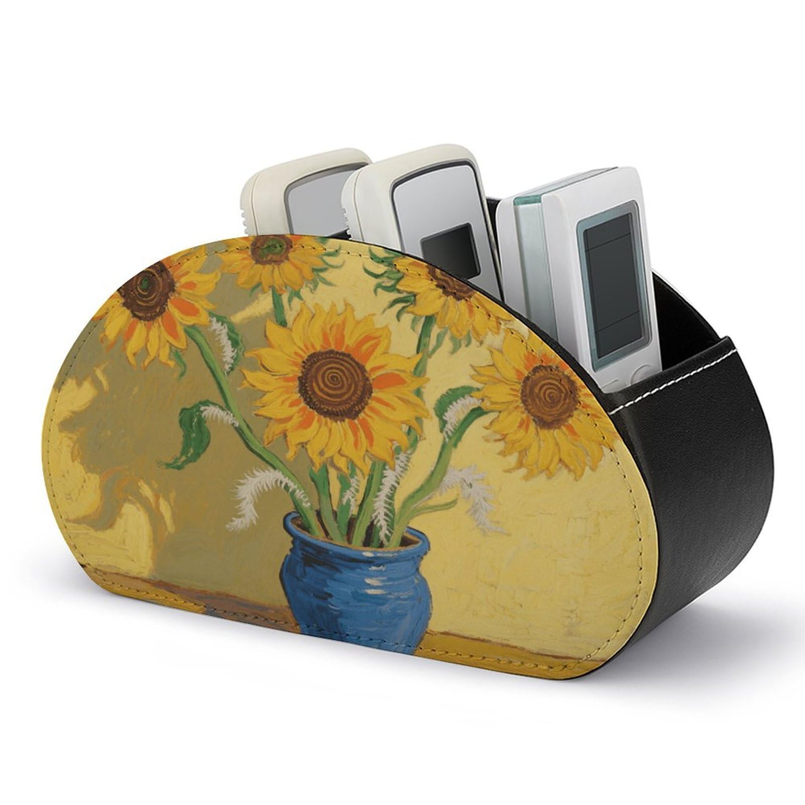 VstaDank Sunflower Remote Control Holder with 5 Compartments PU Leather TV Remoter Caddy Desktop Organizer TV Remote Holder Remote Box for Media Controllers Office Supplies
