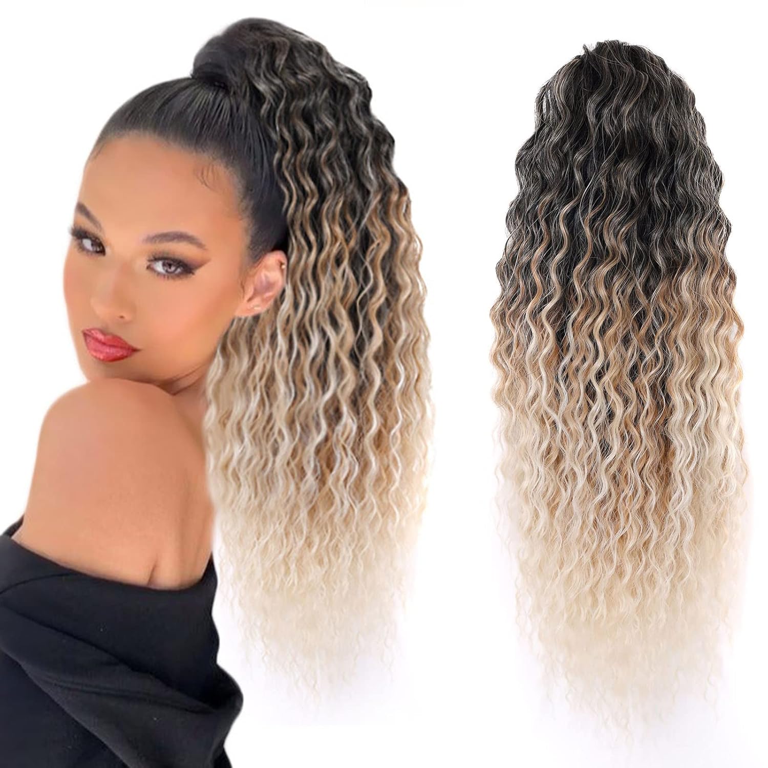 Blonde Ponytail Extensions Drawstring Long Curly real