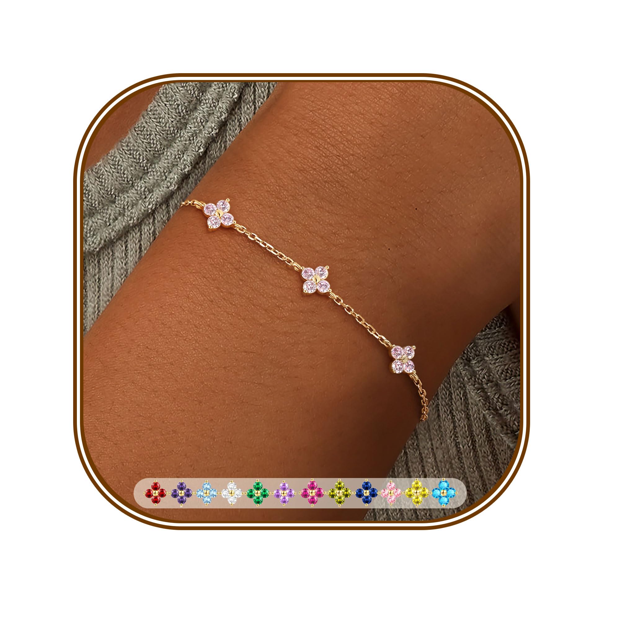 FUNEIA Armband Damen Gold Verstellbar 18K Vergoldet Charm Armband Kleeblatt Armband mit Zirkonia Goldene Armbänder Blumen Armkette Damenarmband Wasserfest Schmuck Geschenke für Frauen Mädchen