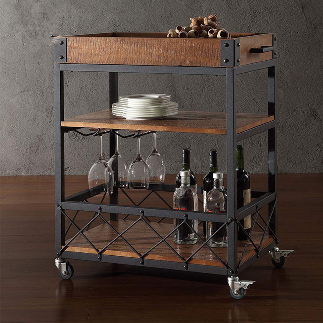 Carrito de bar industrial Carro de cocina Carritos de servicio rodantes Estante de almacenamiento,Carro de servicio de metal de madera estilo vintage,Carritos de vino móviles con ruedas para el hoga