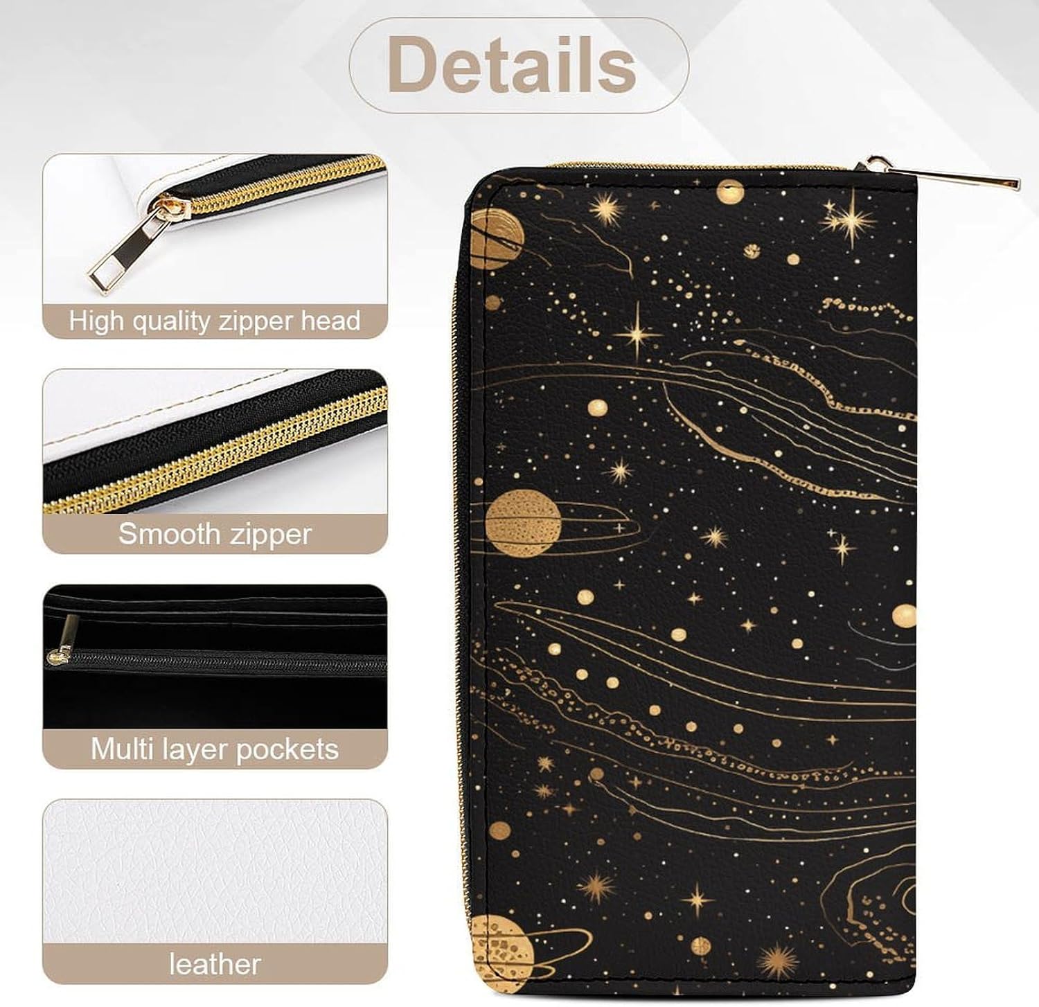 Gold And Silver Space Themed Long Wallet with Zip Rodeo Wallet Credit Card Holder Mini Purse Passport Bag for Men Women image 5