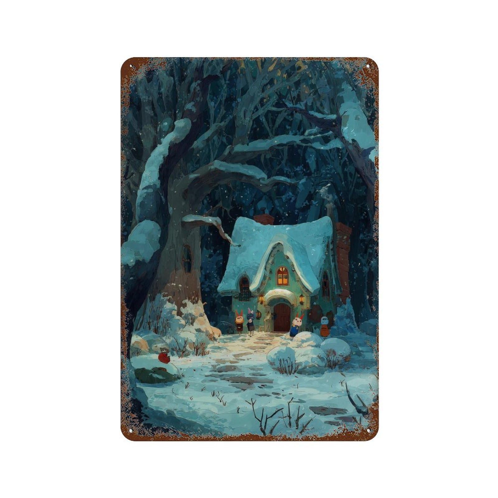 xiaoxiaoshen Snowy Cottage Scene. Winter Fantasy Cozy Storybook Wall Decor Art Metal Tin Poster Modern Home Decor Art Home Bar Shop Decorations Vintage Sign 30x20cm