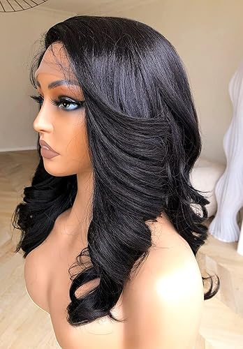Miniatura 4 de BlackSwern - Peluca de encaje frontal de 14 pulgadas con cuerpo ondulado de encaje HD, pelucas sin pegamento de cabello humano preestilizadas y