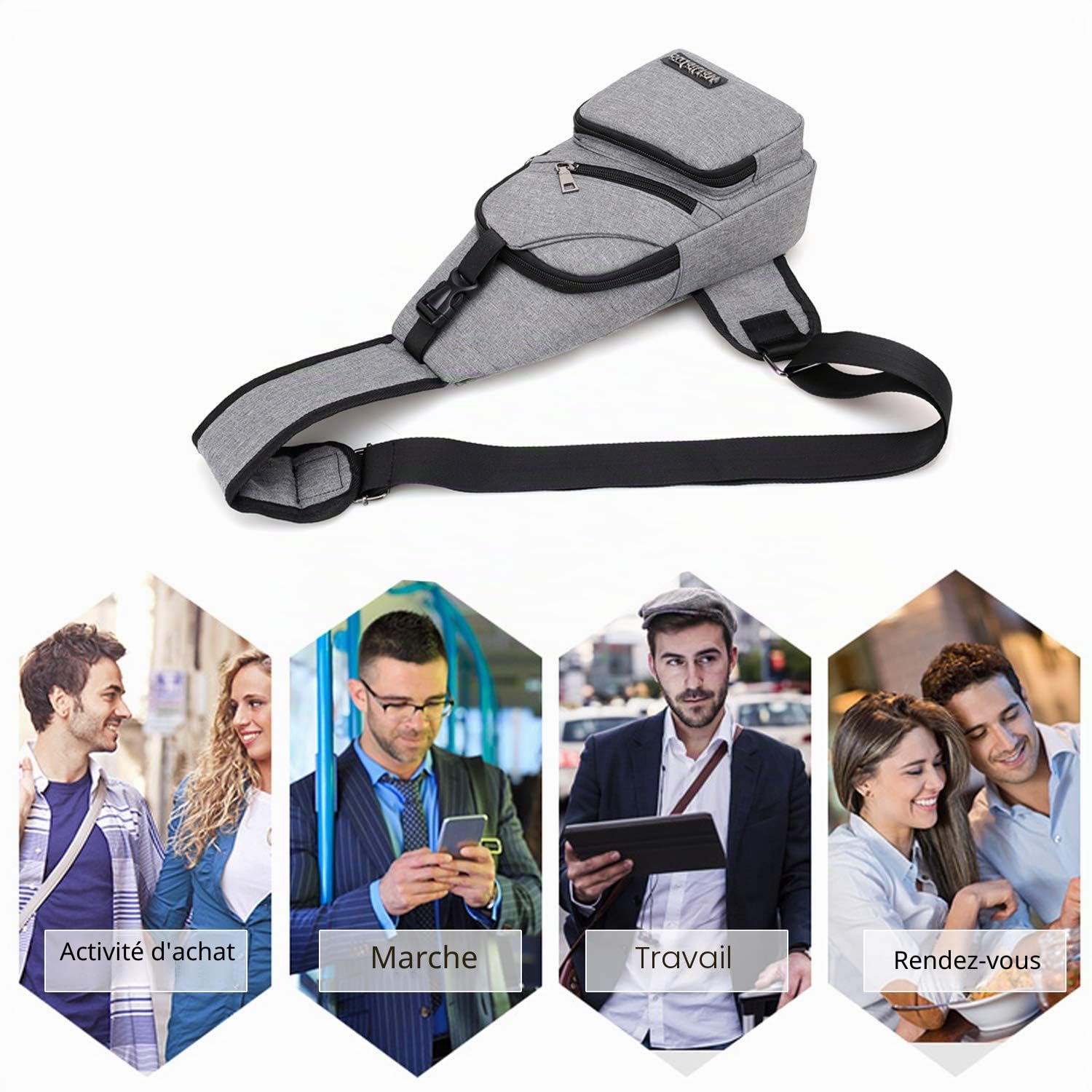 FANDARE Sac de Poitrine Unisexe Sac d'Epaule Sacoche Homme Femme avec USB Sac Bandoulière Imperméable Sling Bag pour Cyclisme,Aventure,Camping,Équitation,Chasse,Randonnée,Voyage Gris Noir