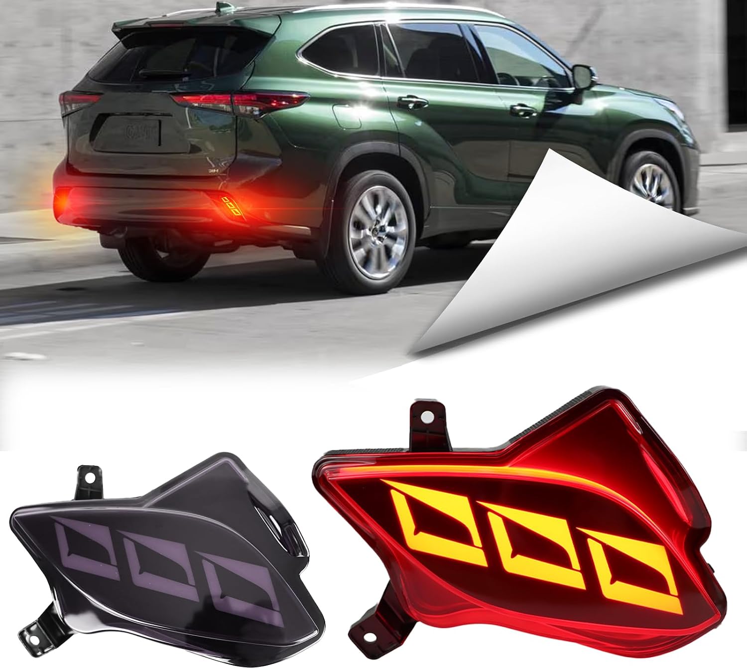 Red Housing Full LED Rear Reflector Fog DRL Kit for Toyota Highlander 2020-2023 Function as Sequential Turn Signal Lights,Daytime Running Light,Brake Light Kit