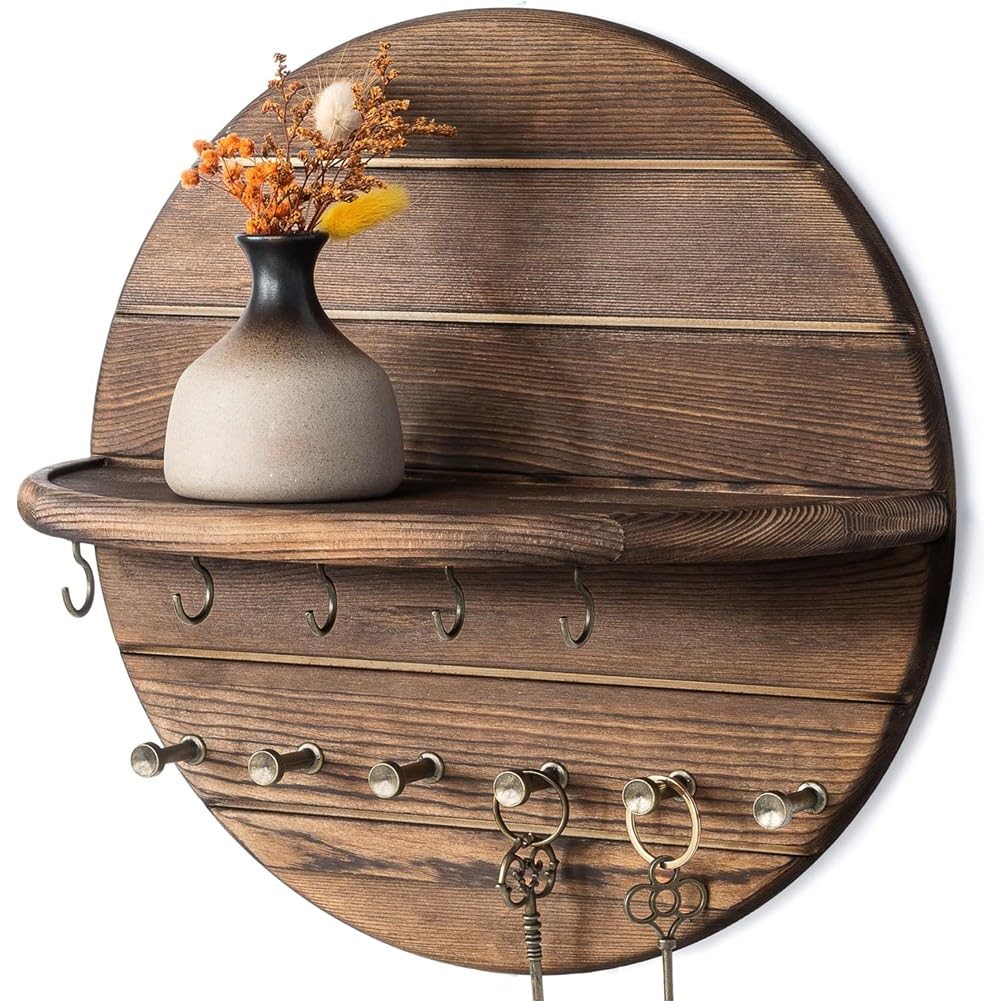 Hndhbfgrt Rustic Wooden Key Hook Holder-Pine Wood for Wall Mount with Shelf-for Home Decor, Entryway