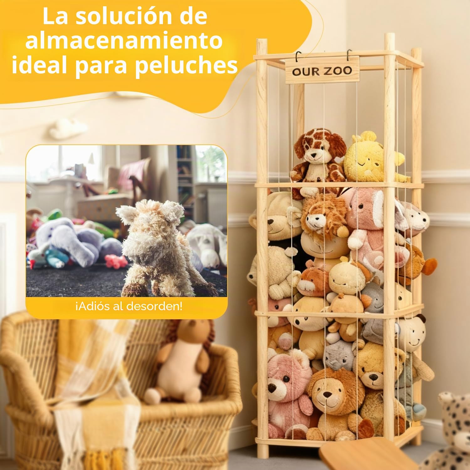 Almacenamiento de animales de peluche de madera, estante de almacenamiento de juguetes de peluche 136 x 40 x 40 cm, organizador de juguetes de peluche para sala de juegos, habitación de los