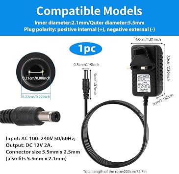 12V Power Adapter for Yamaha Keyboard 2A Charger PSR-F52 PSR-E373 2m