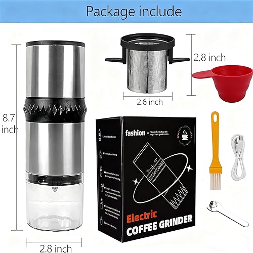 Miniatura 6 de Molinillo de café eléctrico para rebabas, portátil, recargable, de acero inoxidable, para granos con 15 ajustes de gind (Black9109)