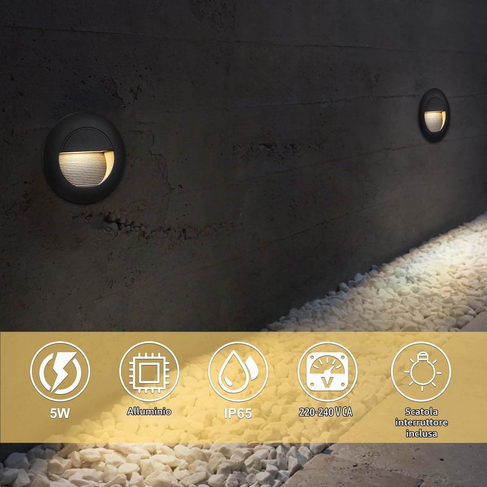 VivaLet Lampada LED Segnapasso da Incasso 6 Pezzi 5W 500LM, Luci Per Scale da Parete Per Esterni 230V 3000K, IP65 Scatola da Incasso 66mm, 85 X 85 mm, Applique per Esterno Alluminio Nero Circolare