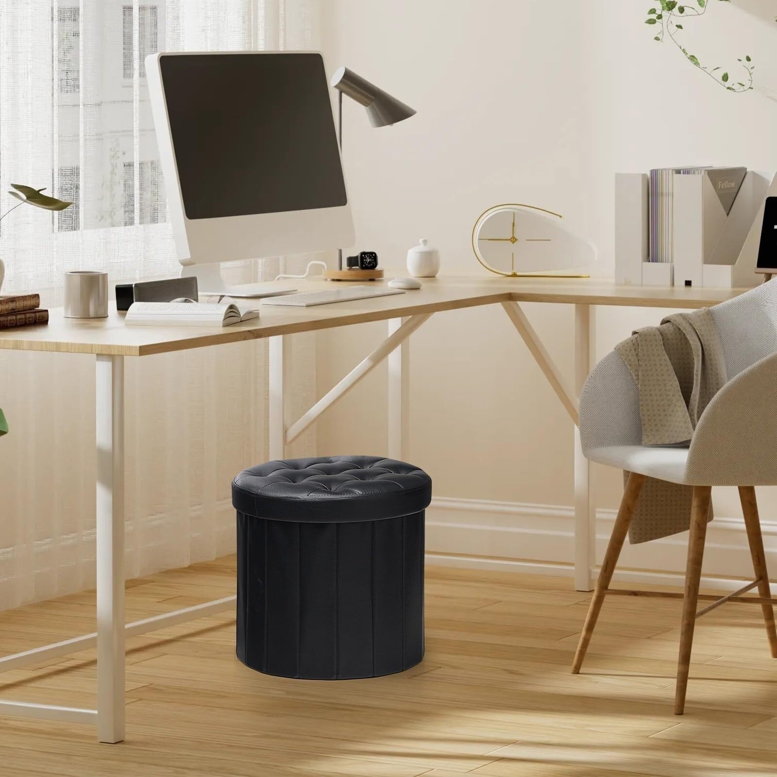 Ottomana Salón Reposapiés Plegable Redondo De Cuero Sintético con Tapa Y Almacenamiento Asiento Extra(Grey (Suede))