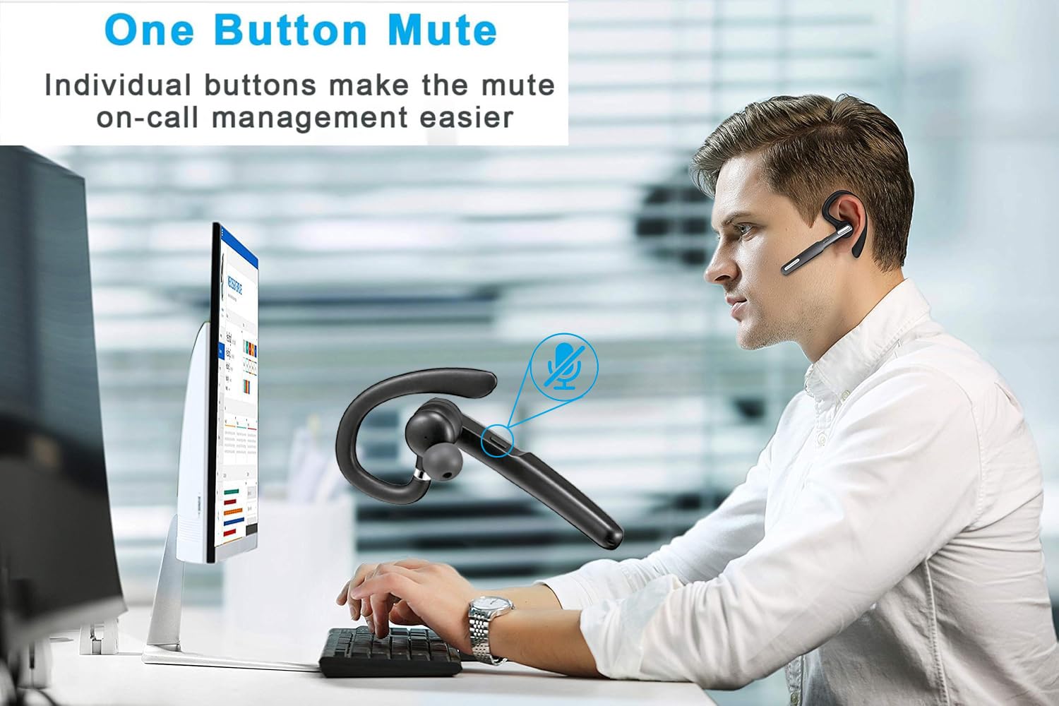 SneKa Auricolare Bluetooth, Bluetooth 5.3, CVC6.0 avanzato, microfono con cancellazione del rumore aggiornato e pulsante muto, compatibile con iOS/Android, progettato per camionisti, palestra e affari