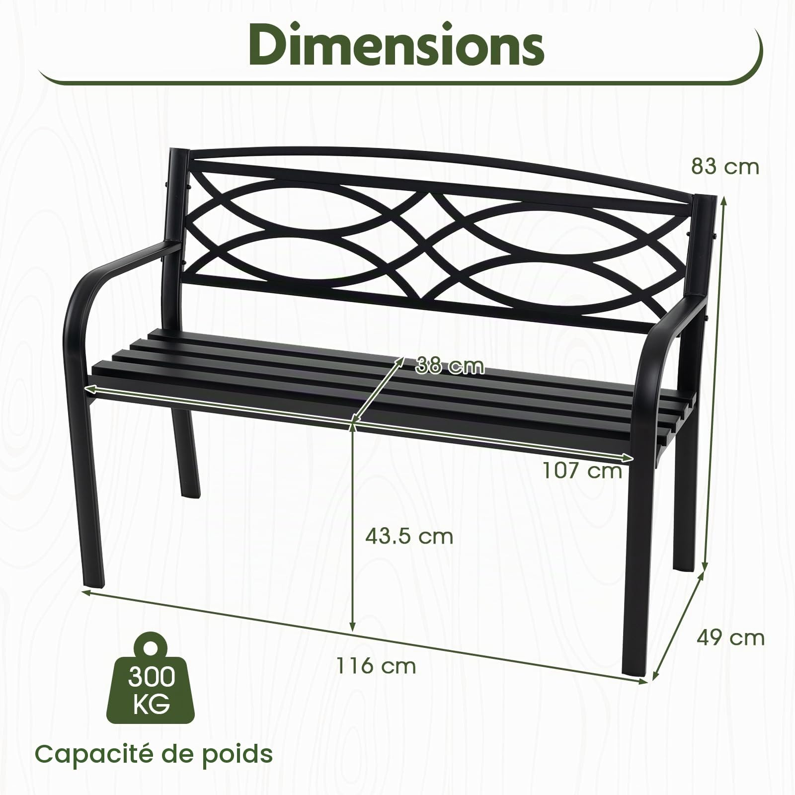 KOMFOTTEU Banc de Jardin 2 Places, Métal, 116 x 49 x 83 cm