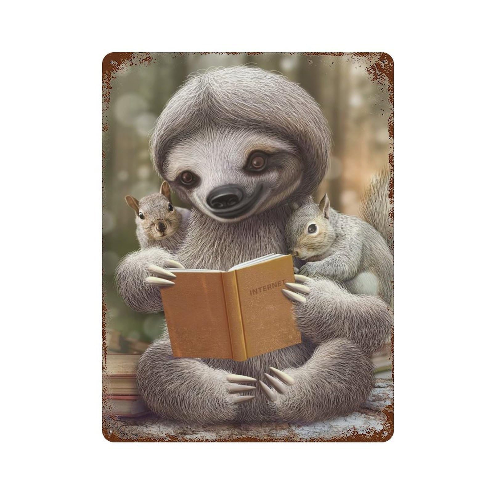 Rust Effect SLOTH READ BOOKS Rusty Metal Tin Sign 15.7"x11.8", Old School Wall Decor for Cafe, Home Bar And Lounge Decor