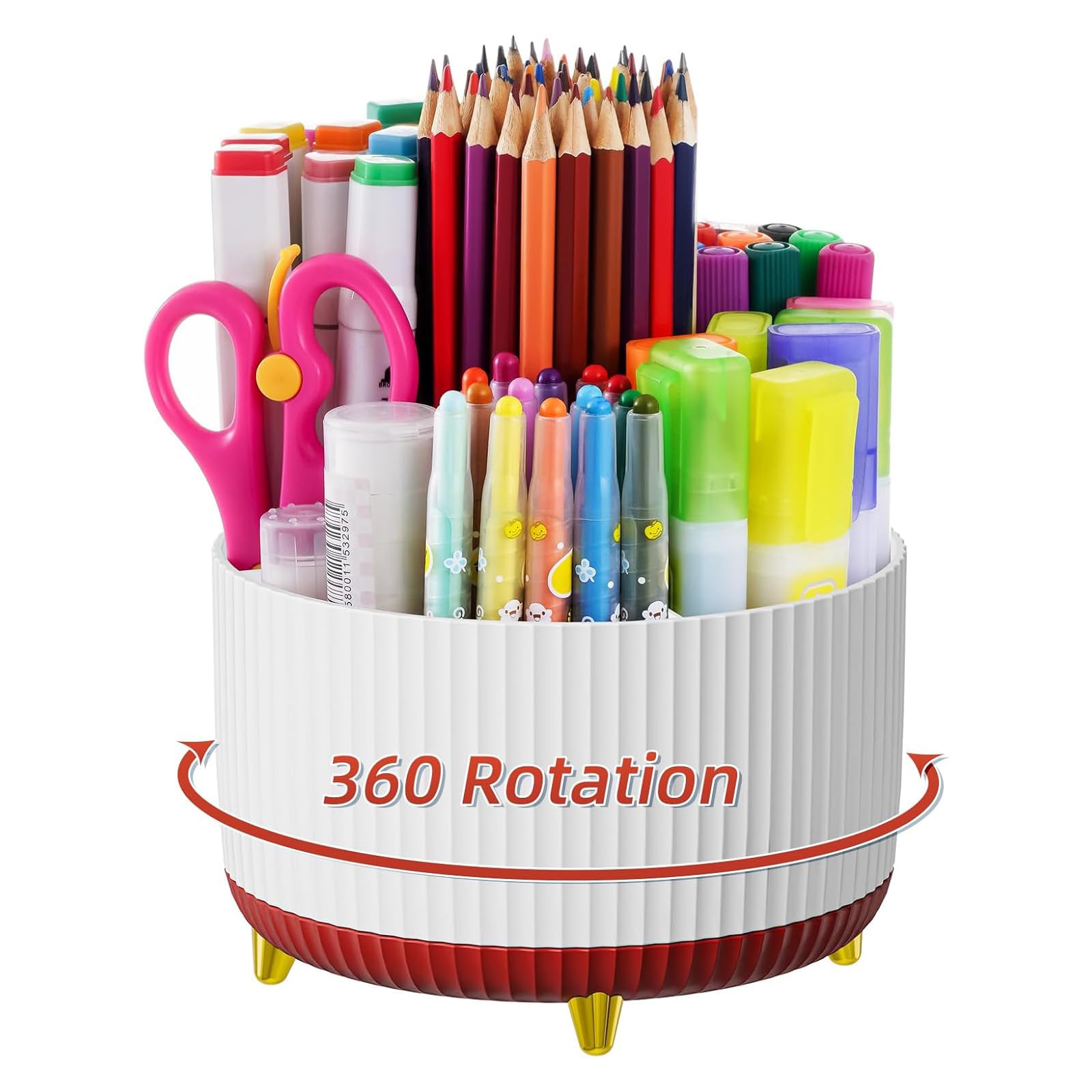 Marbrasse Desk Organiser,360-Degree Rotating Pen Holder,Desk Organisers and Accessories with 5 Compartments Pencil Organiser Storage Box Caddy for Office,Home(Mix White and Red)